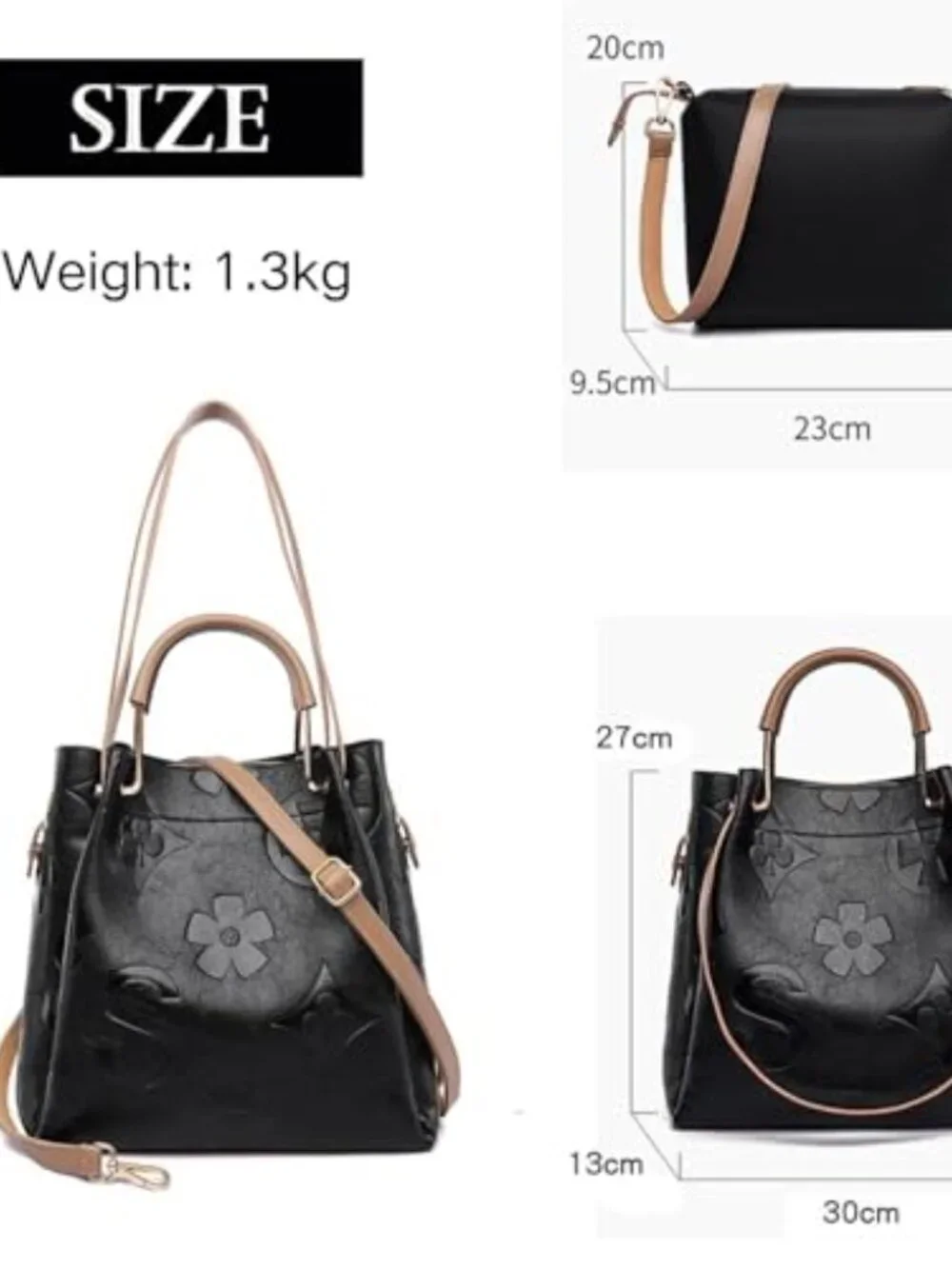 Embossed Vegan Leather Bucket Tote - 3-in-1 Satchel Handbag Set